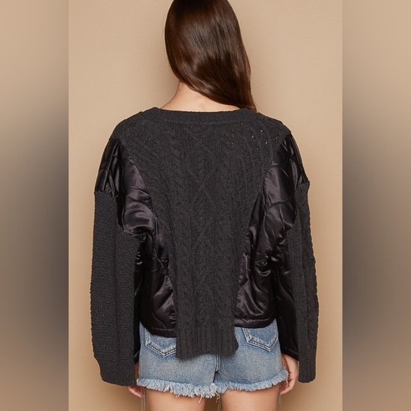 POL Quilted Waffle Cable Knit Patchwork High-low Top Long Sleeve Crop Sweater - Picture 14 of 15